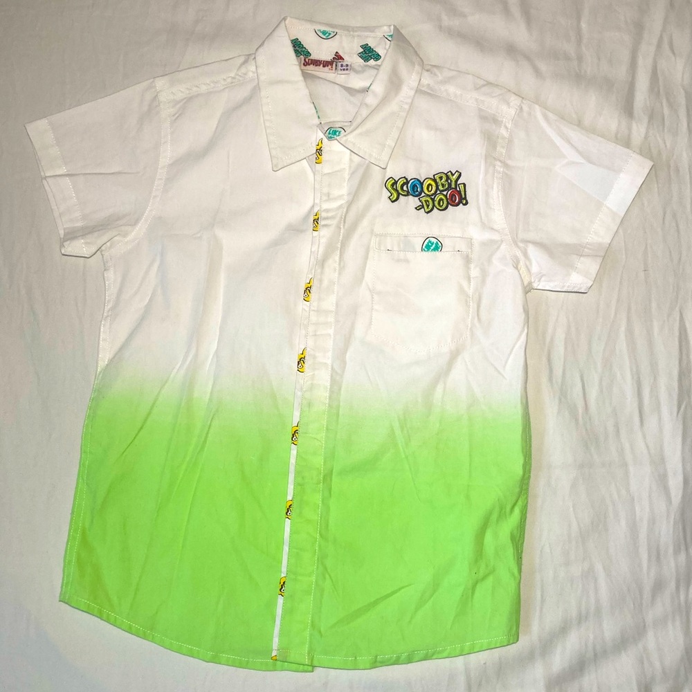 Scooby-Doo! Boys Button Up 8-9 Years White Green Ombré Collar Shirt Rare Simple